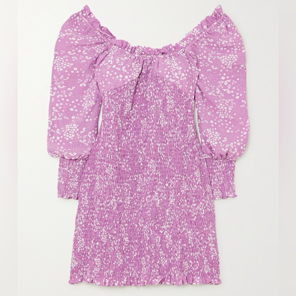 Faithfull the Brand Gombardy Shirred Floral-print Crepe Mini Dress Sz M